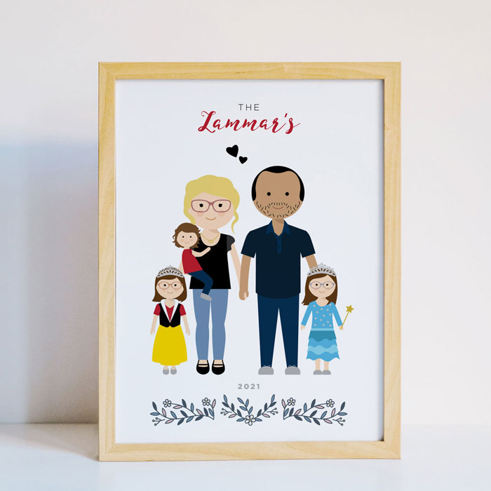 portrait famille, affiche personnalisée famille, tableau prénom personnalisé famille, portrait de famille personnalisé