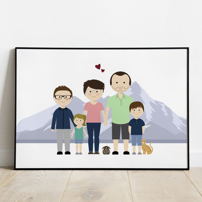 personalisiertes Familienporträt, personalisierte Familienporträtzeichnung, Familienporträtrahmen, Familienporträtillustration, personalisiertes Familienporträt mit Tieren