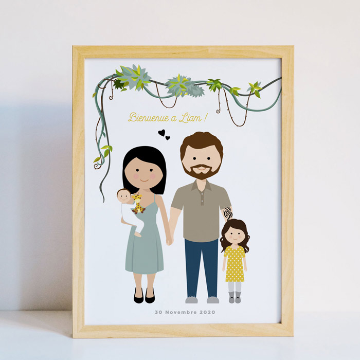 Familiengemälde, Zeichnung eines Familienporträts, Familienzeichnungsrahmen, personalisiertes Familienbild, originales personalisiertes Familiengemälde