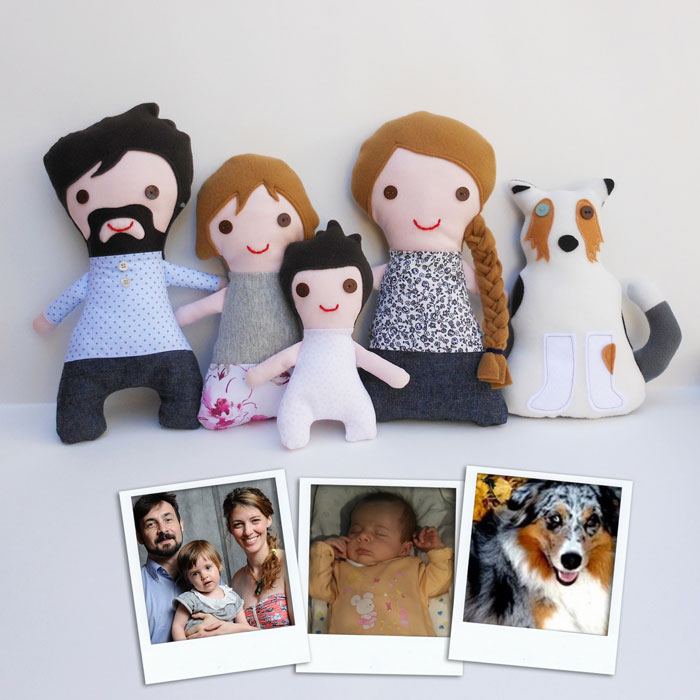 familie van poppen, poppenfamilie, gepersonaliseerde lappenpop, lappenpop