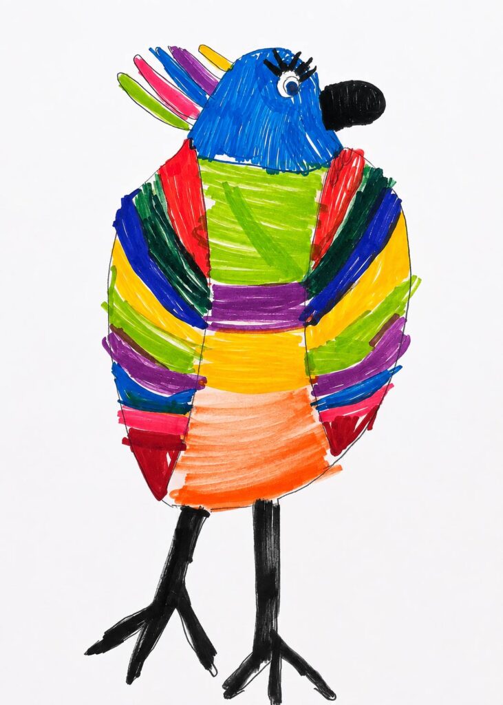 Dessin d'un oiseau coloré réalisé par un enfant avant sa transformation en peluche personnalisée.