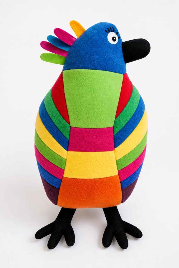 Peluche personnalisée fabriquée à la main à partir d'un dessin d'enfant représentant un oiseau coloré.