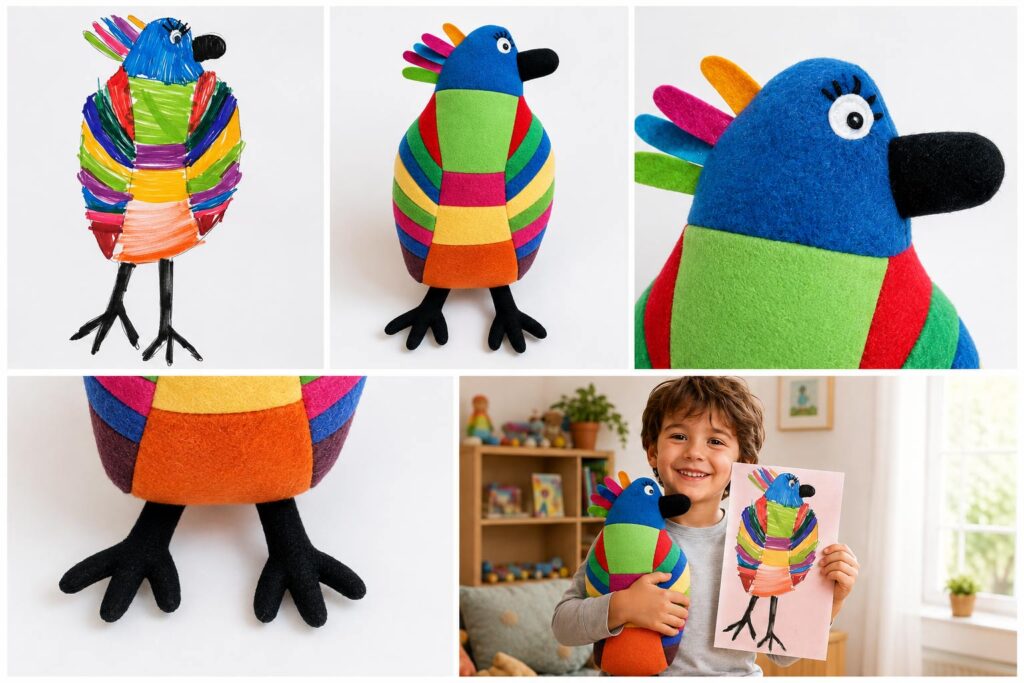 Comparaison entre le dessin original d'un enfant et la peluche personnalisée réalisée à la main.