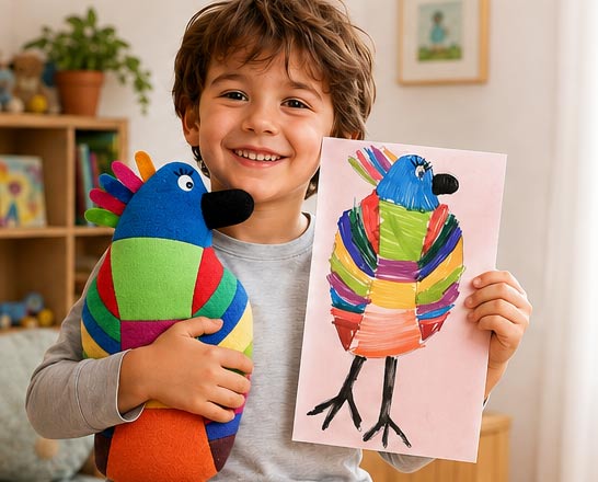 Enfant tenant sa peluche personnalisée créée à partir de son propre dessin.