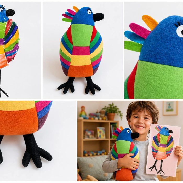 Comparaison entre le dessin original d'un enfant et la peluche personnalisée réalisée à la main.